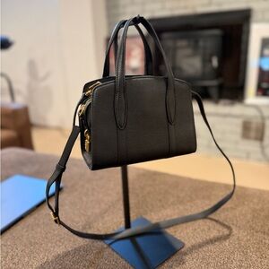 Classic Black Leather Satchel Handbag with Gold Hardware